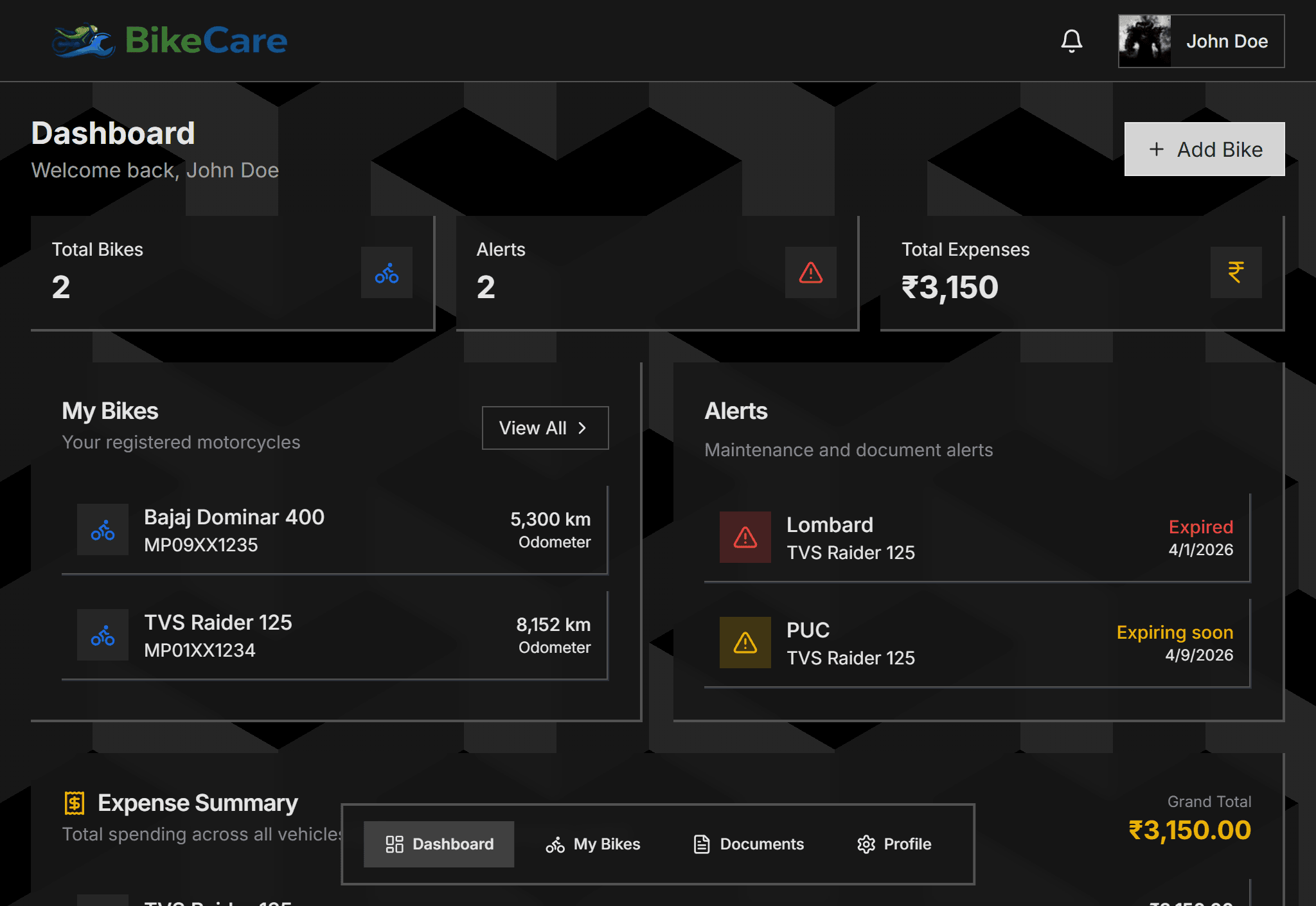 GearLog step 06: Your Dashboard Works for You — Maintenance and document alerts surface automatically. Total expenses summarized