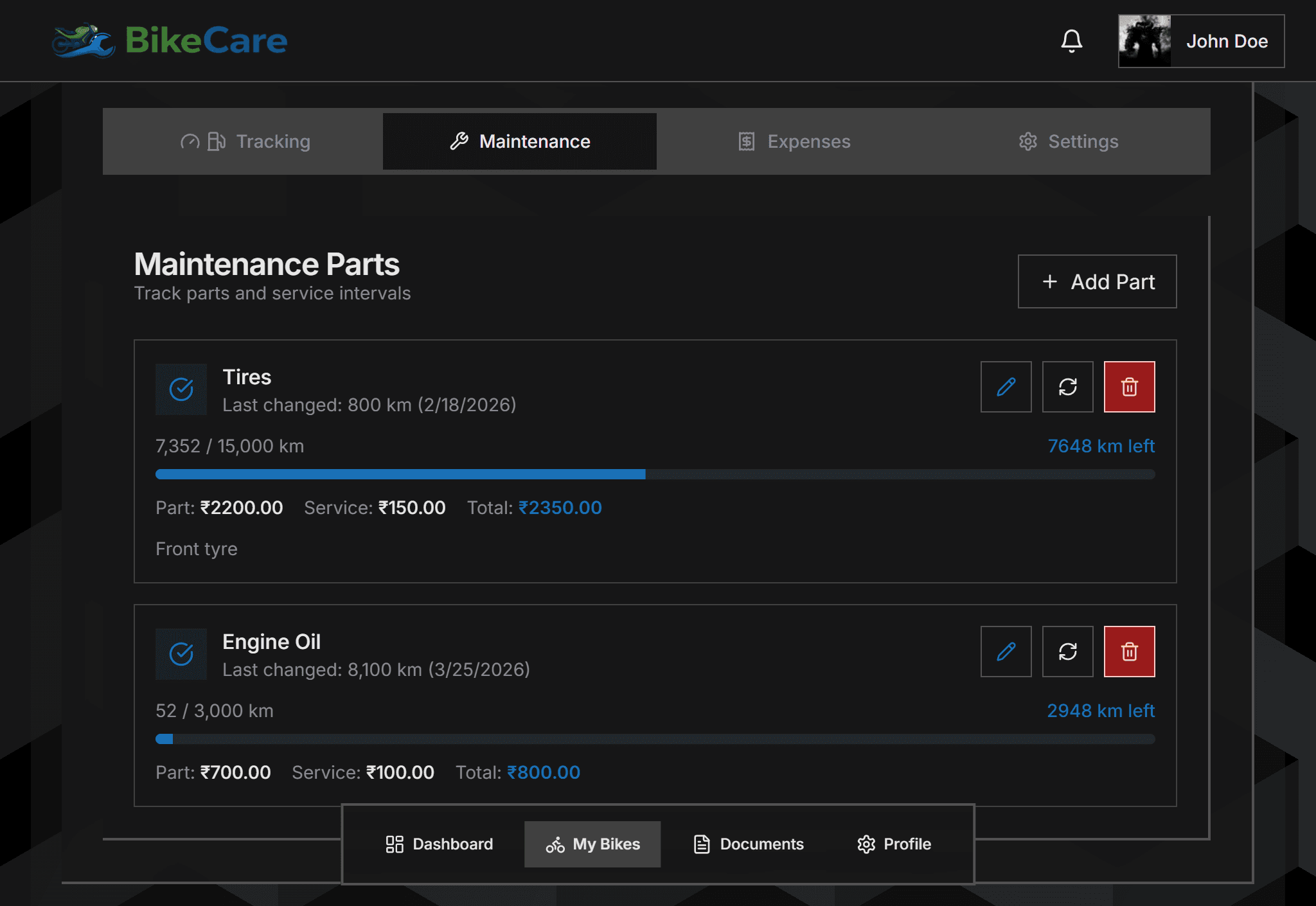 GearLog step 03: Set Up Maintenance Tracking — Add parts like engine oil, chain, brake pads, and tyres. Set the km change inter